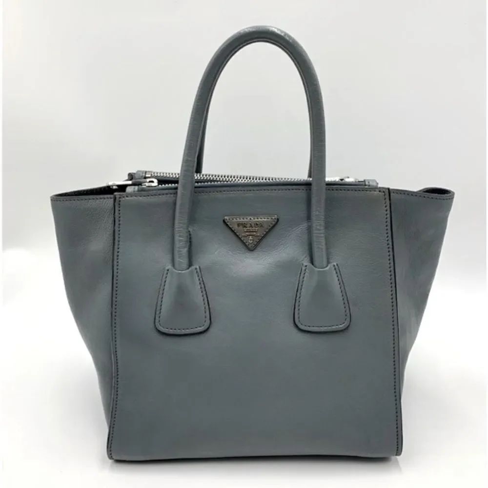 Auth Prada Glacé Twin Pocket Calfskin Leather Tote Bag Slate Blue Vtg Preloved